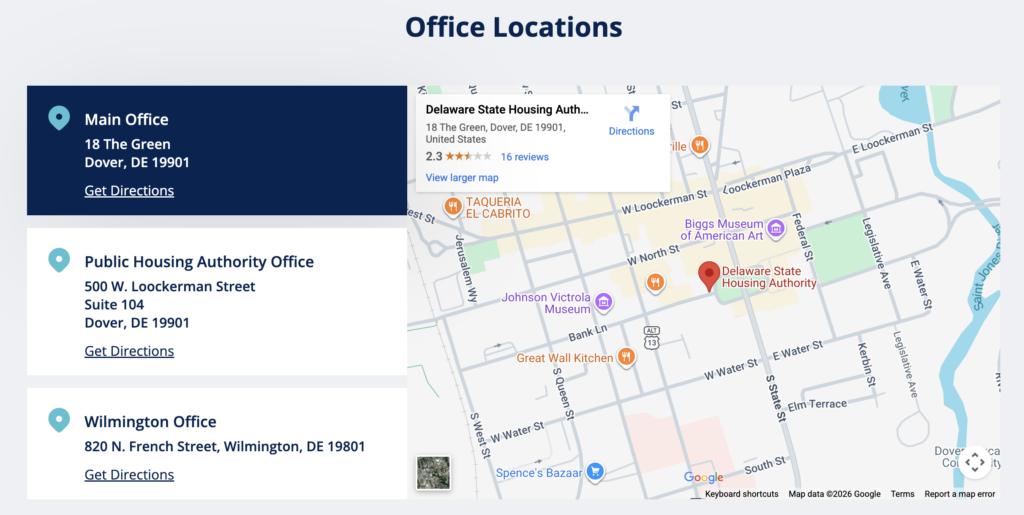 3 Location listings to the left of a google map to illustrate the Location(s) map on a site.